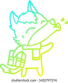 cold gradient line drawing of a howling wolf with christmas present
