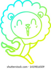 cold gradient line drawing of a laughing lion cartoon running