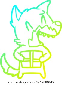 cold gradient line drawing of a laughing christmas fox cartoon
