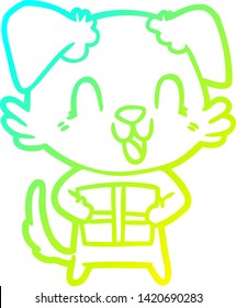 cold gradient line drawing of a laughing cartoon dog with christmas present