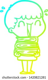 dibujo en línea de gradiente frío de un caricaturista que se ríe sujetando una pila de libros