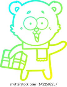 desenho de linha de gradiente frio de um urso de pelúcia rindo com presente de natal