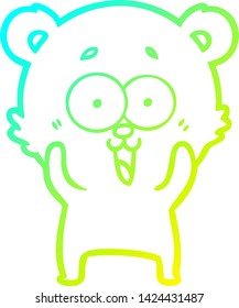 dibujo en línea de gradiente frío de una caricatura de un oso de peluche riéndose