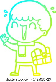 cold gradient line drawing of a laughing cartoon man with present