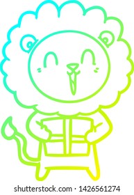 cold gradient line drawing of a laughing lion cartoon with christmas present