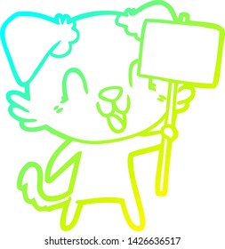 dibujo en línea de gradiente frío de un perro caricaturista con signo