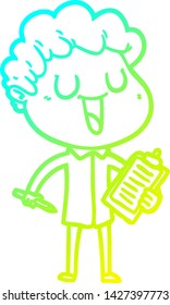 cold gradient line drawing of a laughing cartoon man with clipboard and pen