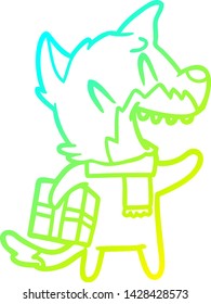 cold gradient line drawing of a laughing christmas fox cartoon