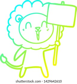 cold gradient line drawing of a laughing lion cartoon with placard