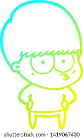 cold gradient line drawing of a nervous cartoon boy