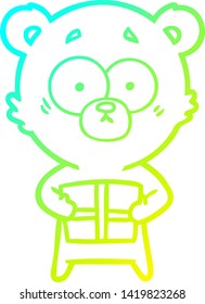 dibujo de línea de gradiente frío de una caricatura de oso polar nervioso con regalo