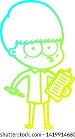 cold gradient line drawing of a nervous cartoon boy