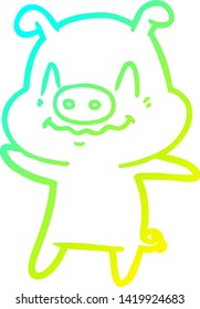 cold gradient line drawing of a nervous cartoon pig