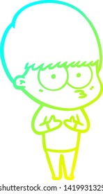 cold gradient line drawing of a nervous cartoon boy