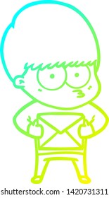 cold gradient line drawing of a nervous cartoon boy