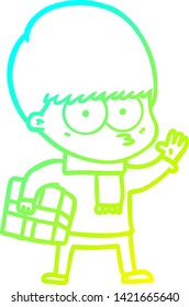 cold gradient line drawing of a nervous cartoon boy