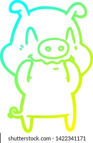 cold gradient line drawing of a nervous cartoon pig