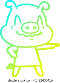 cold gradient line drawing of a nervous cartoon pig wearing dress