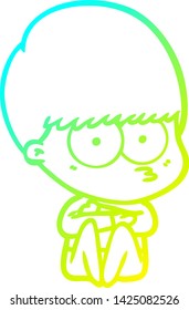 cold gradient line drawing of a nervous cartoon boy
