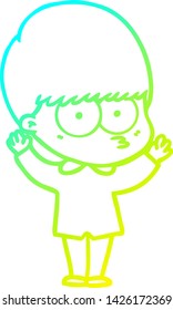cold gradient line drawing of a nervous cartoon boy