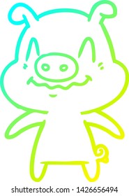 cold gradient line drawing of a nervous cartoon pig
