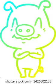 cold gradient line drawing of a nervous cartoon pig