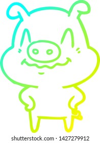 cold gradient line drawing of a nervous cartoon pig