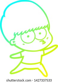 cold gradient line drawing of a nervous cartoon boy