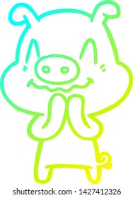 cold gradient line drawing of a nervous cartoon pig