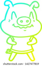 dibujo de línea de gradiente frío de un cerdo de dibujos animados nerviosos