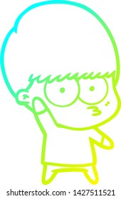 cold gradient line drawing of a nervous cartoon boy waving