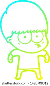 cold gradient line drawing of a nervous cartoon boy