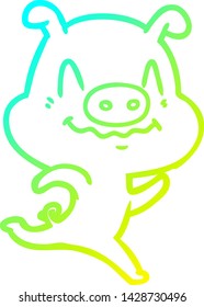 cold gradient line drawing of a nervous cartoon pig