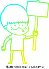 cold gradient line drawing of a nervous cartoon boy holding placard