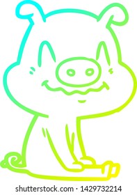 cold gradient line drawing of a nervous cartoon pig sitting