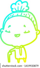 cold gradient line drawing of a old woman with walking stick