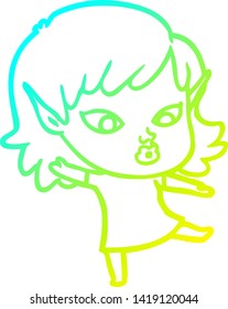 cold gradient line drawing of a pretty cartoon elf girl