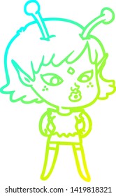 cold gradient line drawing of a pretty cartoon alien girl