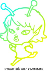 cold gradient line drawing of a pretty cartoon alien girl running