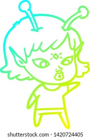 cold gradient line drawing of a pretty cartoon alien girl