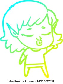 cold gradient line drawing of a pretty cartoon elf girl