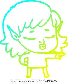 cold gradient line drawing of a pretty cartoon elf girl pointing