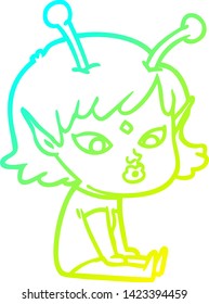 cold gradient line drawing of a pretty cartoon alien girl