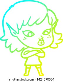 cold gradient line drawing of a pretty cartoon elf girl