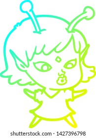 cold gradient line drawing of a pretty cartoon alien girl