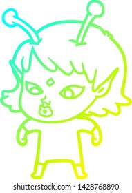 cold gradient line drawing of a pretty cartoon alien girl