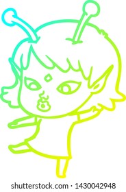 cold gradient line drawing of a pretty cartoon alien girl