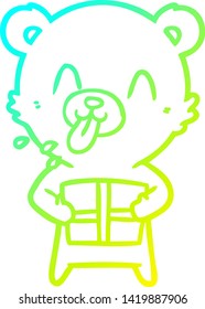 cold gradient line drawing of a rude cartoon polar bear sticking out tongue with present