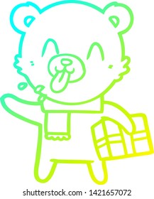 cold gradient line drawing of a rude cartoon bear with present