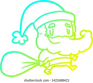 desenho de linha de gradiente frio de um Papai Noel carregando saco de presentes